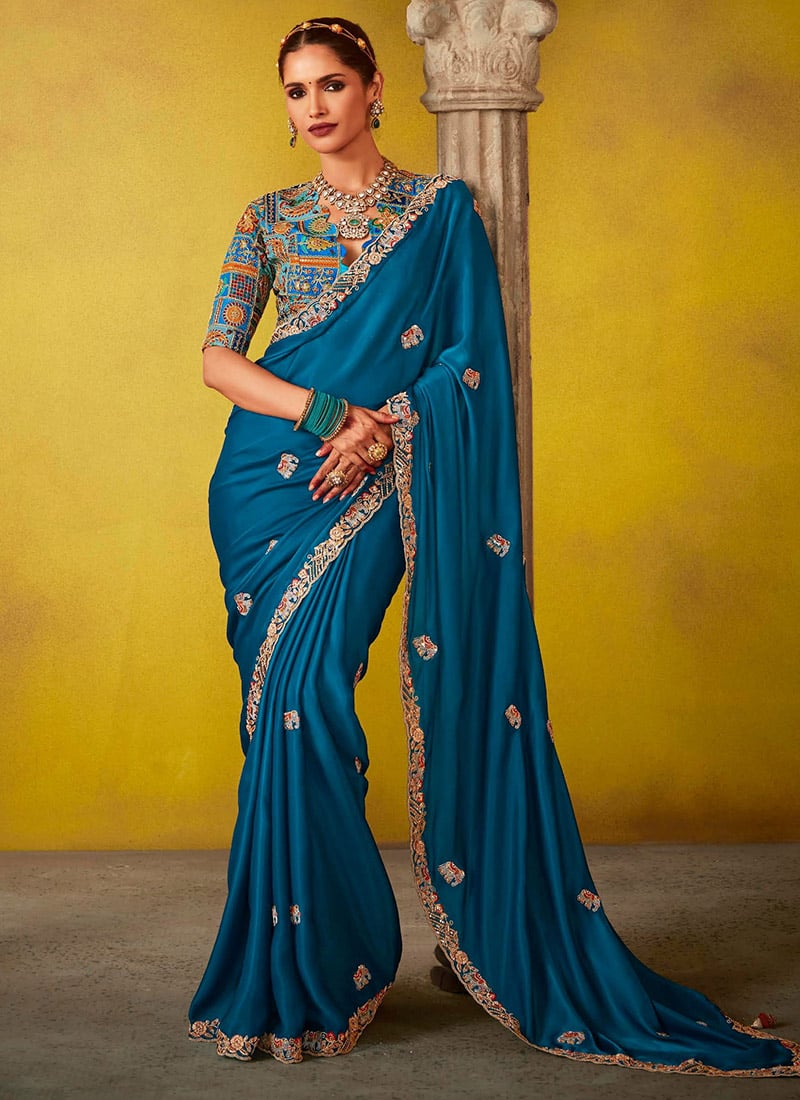 Timeless Teal Blue Tissue Silk Embroidered Sequins With Beads Work Saree Wedding Wear