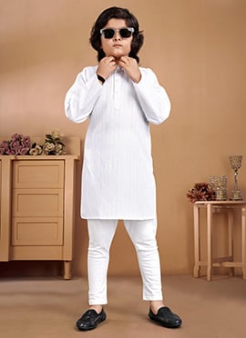 Timeless White Cotton Kids Kurta Pyjama Set With Refined Zari Detailing
