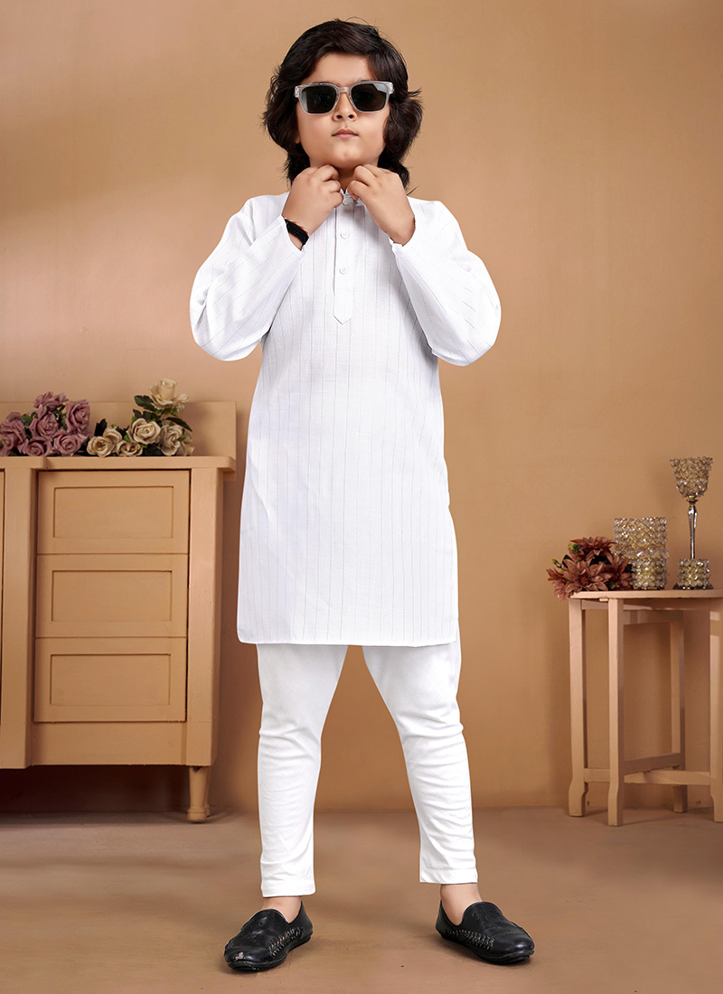 Timeless White Cotton Kids Kurta Pyjama Set With Refined Zari Detailing Festive Wear