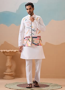 Timeless White Silk Embroidered Sequins Thread Bandi Set