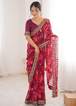 Timeless Wine Georgette Embroidered Sequins Floral Print Saree