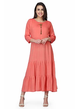 Tomato Red Rayon Beads Work Long Kurti