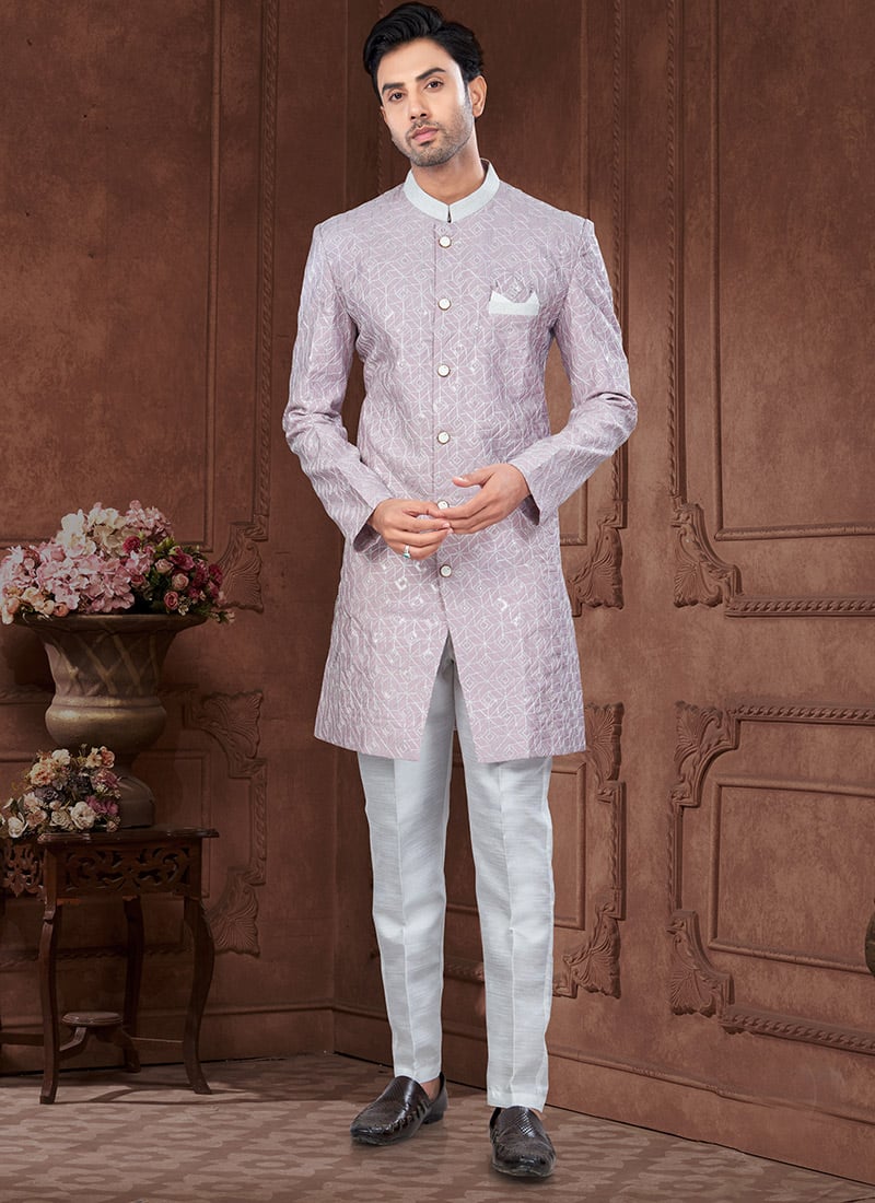 Tradition Style Light Purple Kora Shine Silk Embroidered Indowestern Sherwani Wedding Wear