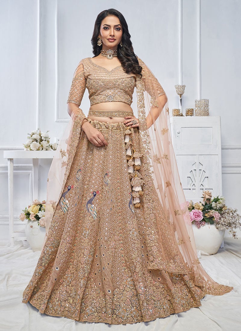 Traditional Beige Net Zarkan Work Zari Embroidered And Stone Sequins Lehenga Wedding Wear