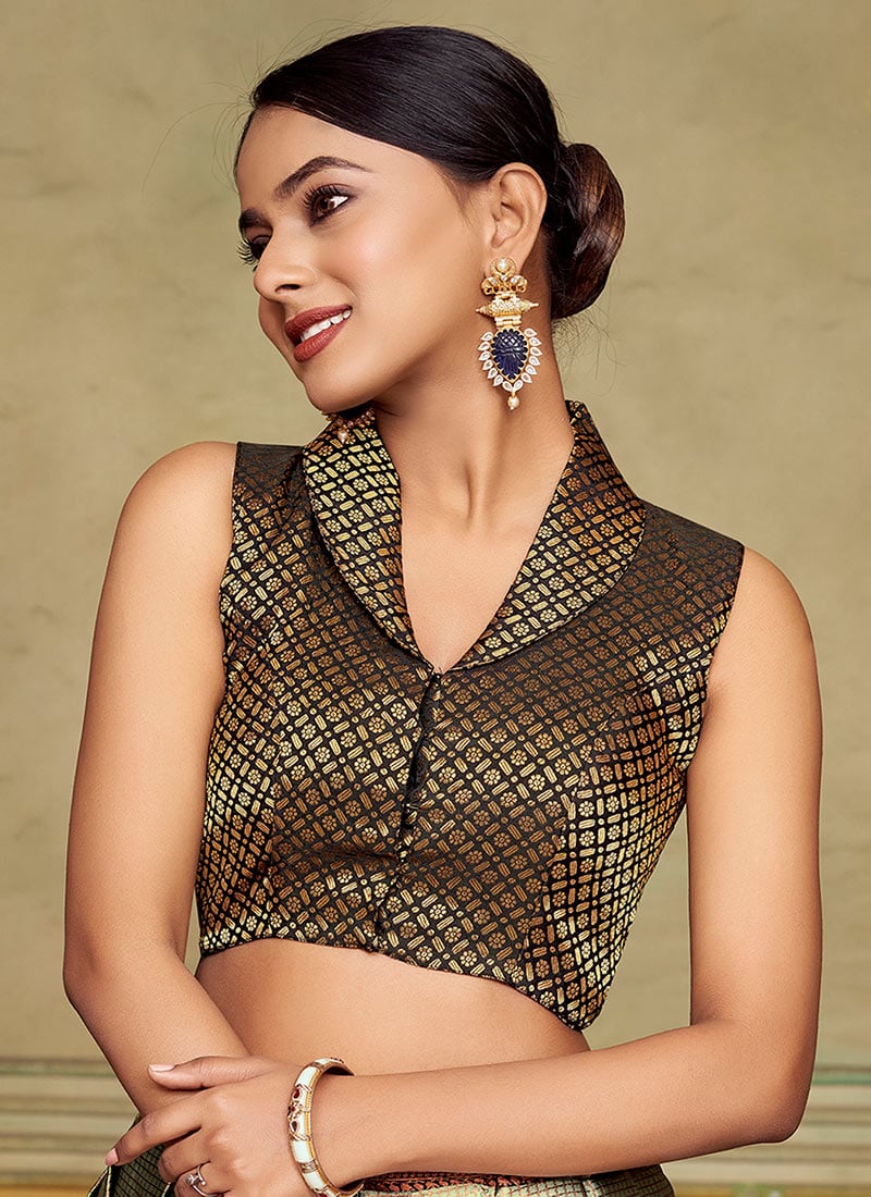 Traditional Black Benarasi Silk Woven Jacquard Blouse Party Wear