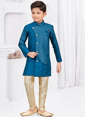 Traditional Blue Banarasi Silk Sequins Indowestern Sherwani For Little Kings