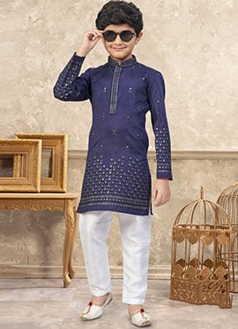 Traditional Blue Soft Silk Tikki Work Kids Boys Kurta Pyjama