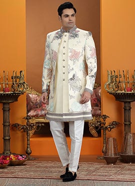 Traditional Cream Silk Sequins Embroidered Thread Indowestern Sherwani