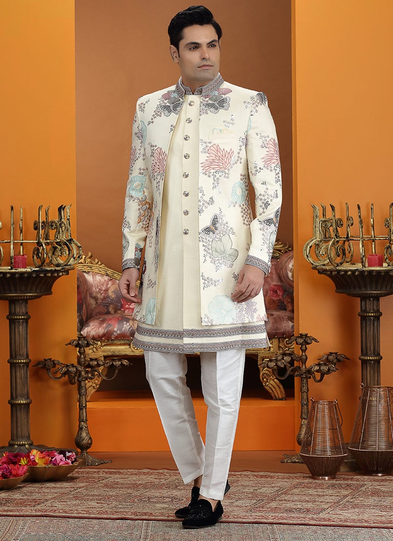 Traditional Cream Silk Sequins Embroidered Thread Indowestern Sherwani Wedding Wear