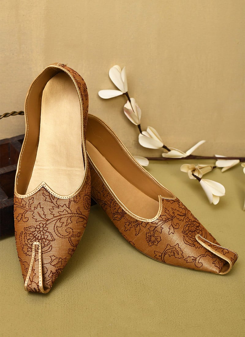 Traditional Dark Beige Dupion Silk Embroidered Mojri