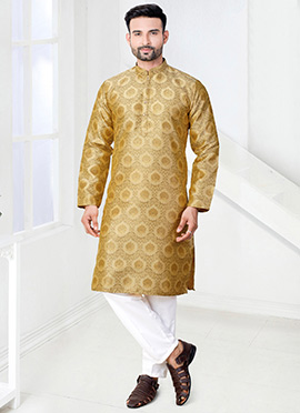 Traditional Dark Cream Jacquard Silk Kurta Pyjama