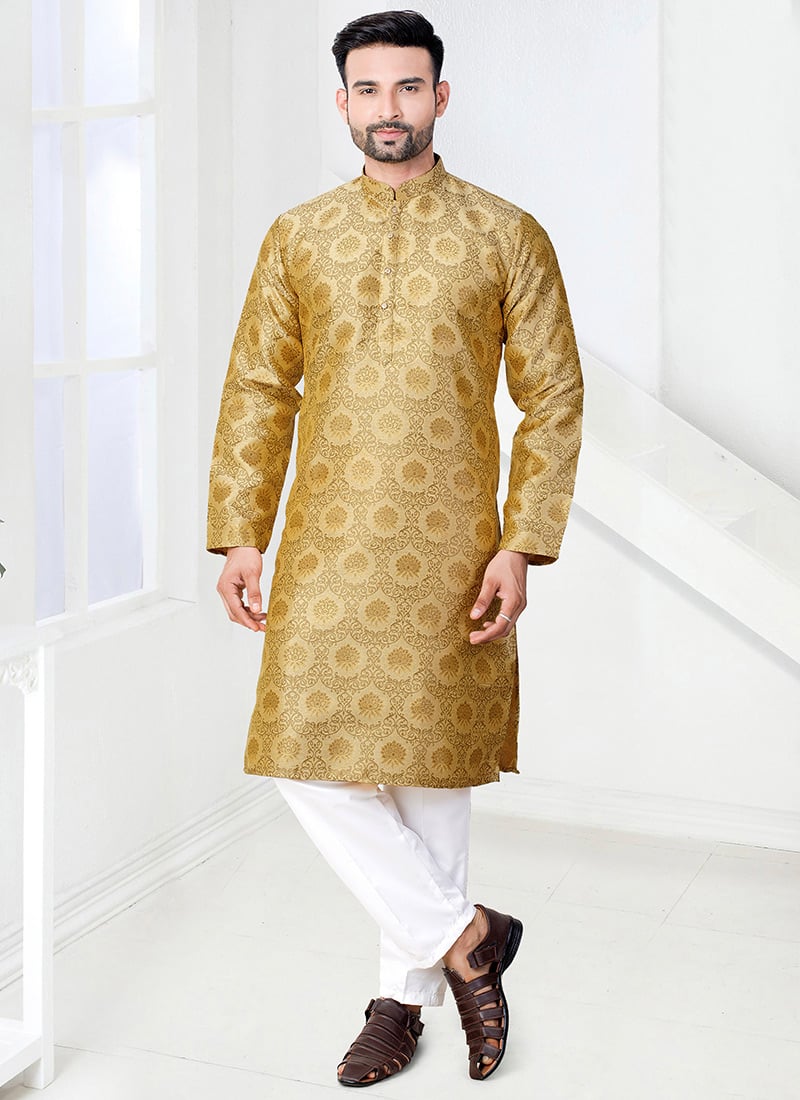 Traditional Dark Cream Jacquard Silk Kurta Pyjama Festive Wear