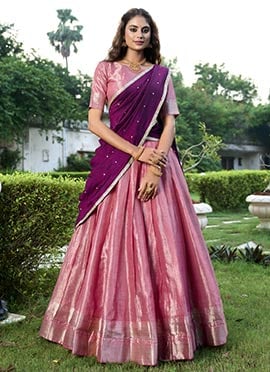 Traditional Elegance In Pink Kanchipuram Zari Woven Lehenga