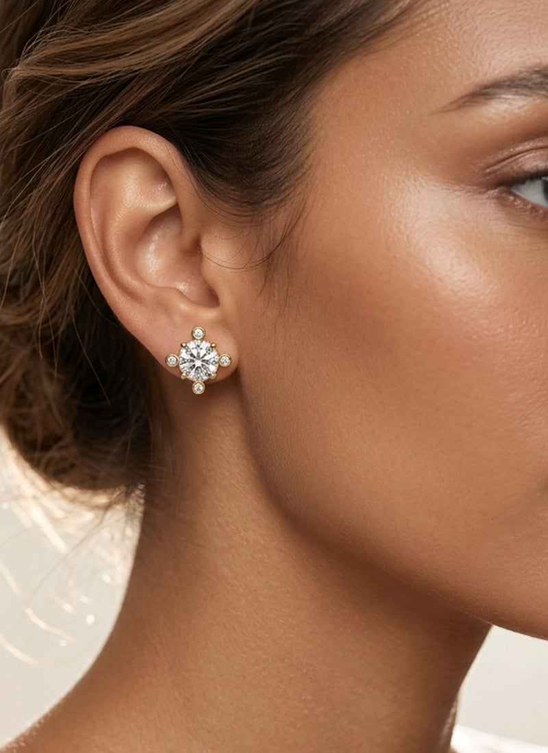 Traditional Golden 925 Sterling Silver Stud Earrings With Moissanite Stone Detailing Wedding Wear