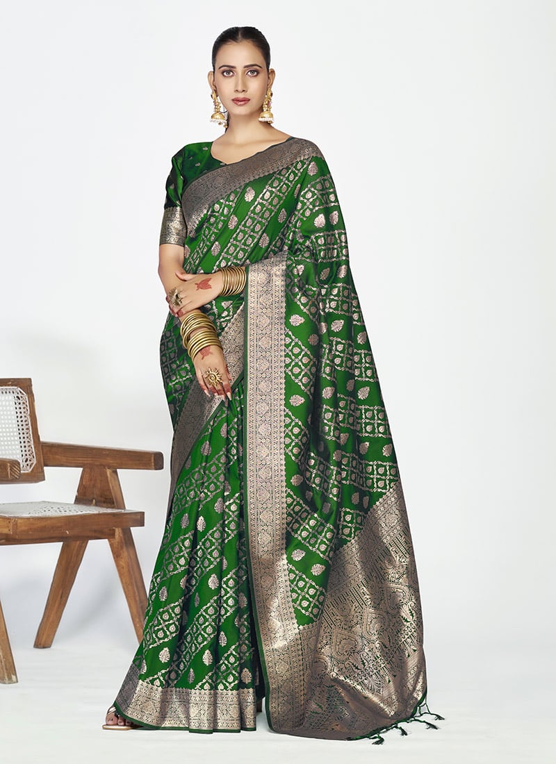 Traditional Green Banarasi Silk Zari Woven Saree Festive Wear