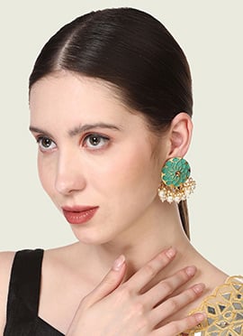 Traditional Green Enamelled Floral Shape Pearl And Stone Studs