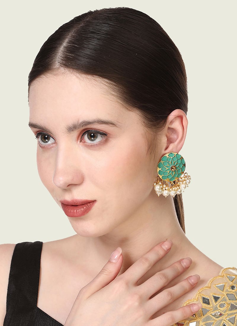 Traditional Green Enamelled Floral Shape Pearl And Stone Studs After Six Wear