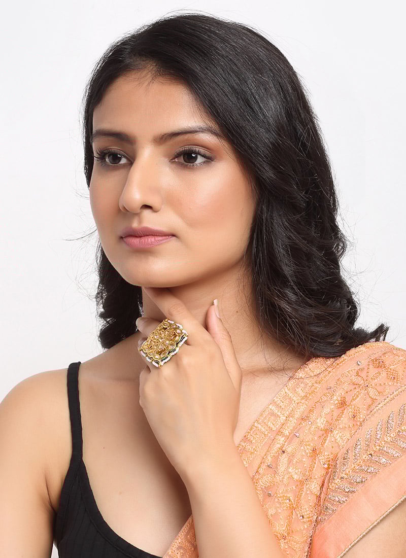 Traditional In Golden Plated Kundan With White Stone And Beads Hand Ring Party Wear