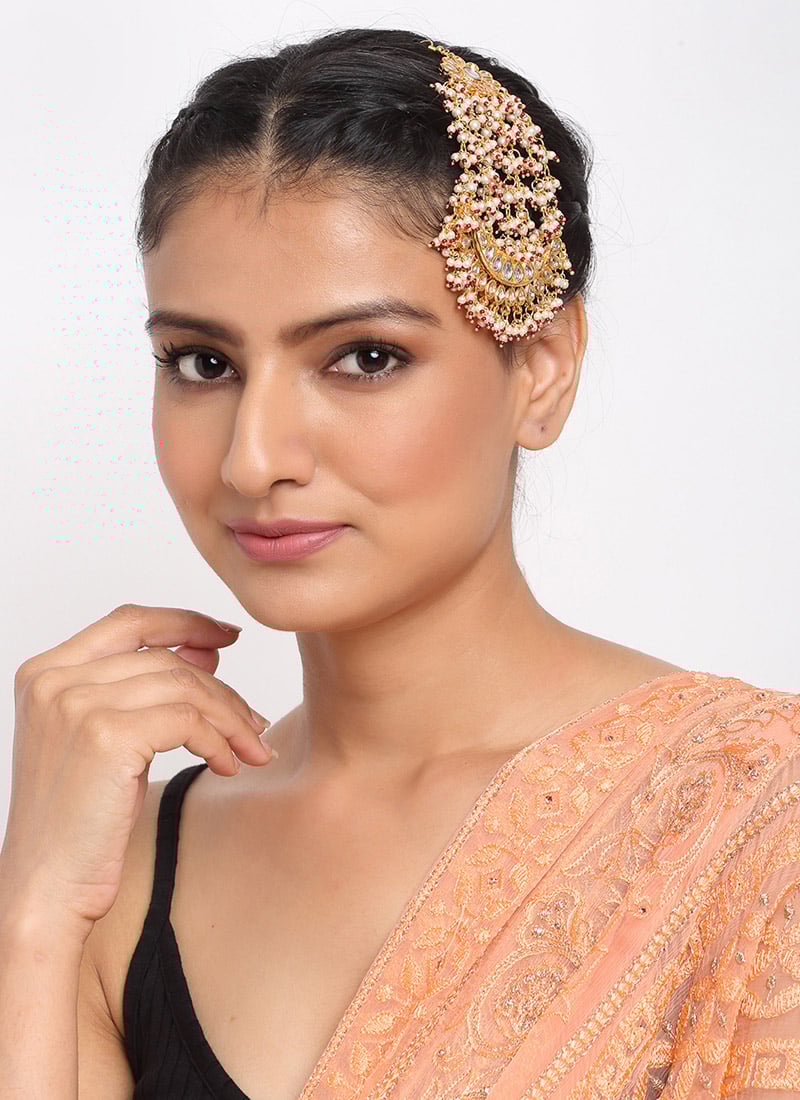 Traditional Jhoomar Passa Gold Plated Kundan Work White Stone Beads Party Wear