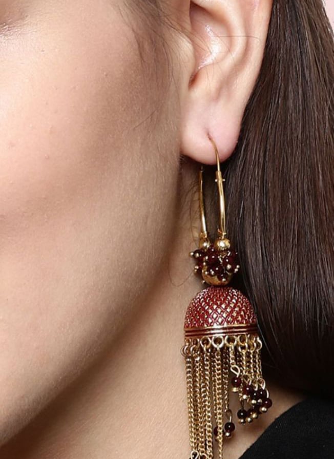 Traditional Maroon Beaded Jhumka