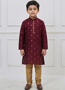 Traditional Maroon Silk Zari Thread Kids Boys Kurta Pyjama