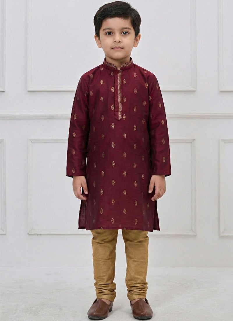 Traditional Maroon Silk Zari Thread Kids Boys Kurta Pyjama Festive Wear