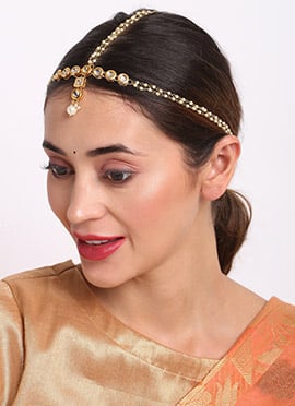 Traditional Matha Patti Gold Plated Kundan Work White Stone Beads