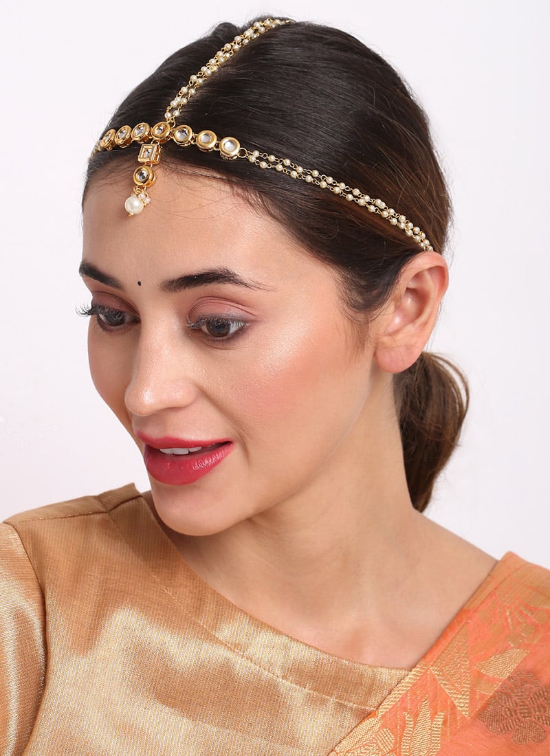 Traditional Matha Patti Gold Plated Kundan Work White Stone Beads Party Wear