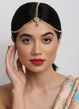 Traditional Matha Patti Gold Plated Kundan Work White Stone Beads