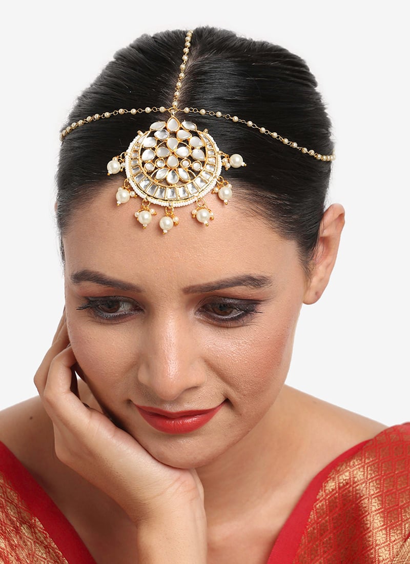 Traditional Matha Patti Gold Plated Kundan Work White Stone Beads Party Wear