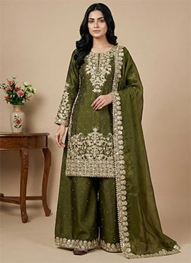 Traditional Mehendi Green Silk Embroidered Sequins Coding Palazzo Suit