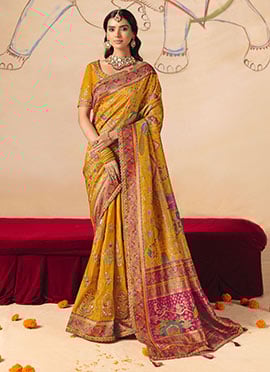 Traditional Mustard Dola Silk Zari Embroidered Sequins Cut Work Jacquard Print Saree