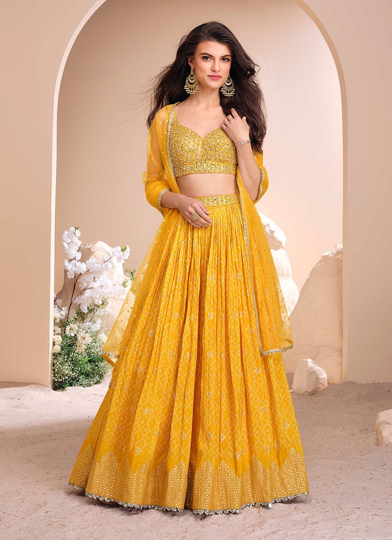 Traditional Mustard Jacquard Silk Bandhini Print Embroidered Sequins Lehenga Wedding Wear