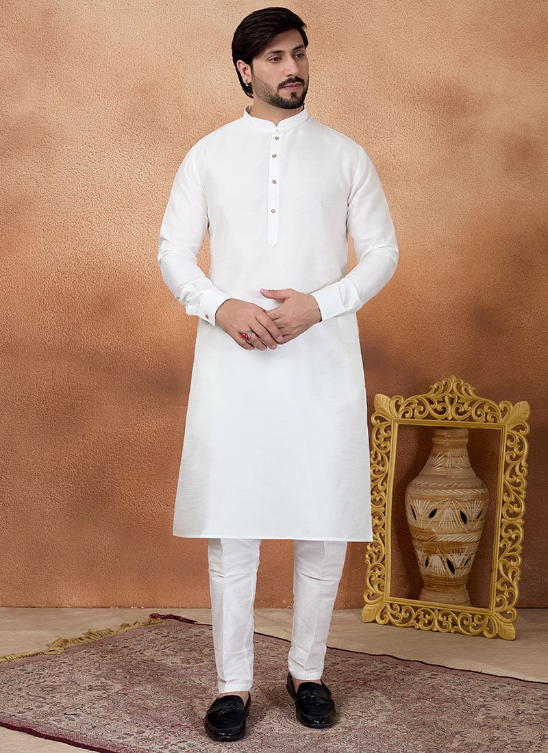 Traditional Off White Silk Kurta Pyjama Festive Wear