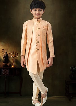 Traditional Peach Banarasi Silk Jacquard Kids Boys Indowestern Sherwani