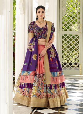 Traditional Peach Zari Work Kalamkari Print Lehenga In Luxurious Dola Silk
