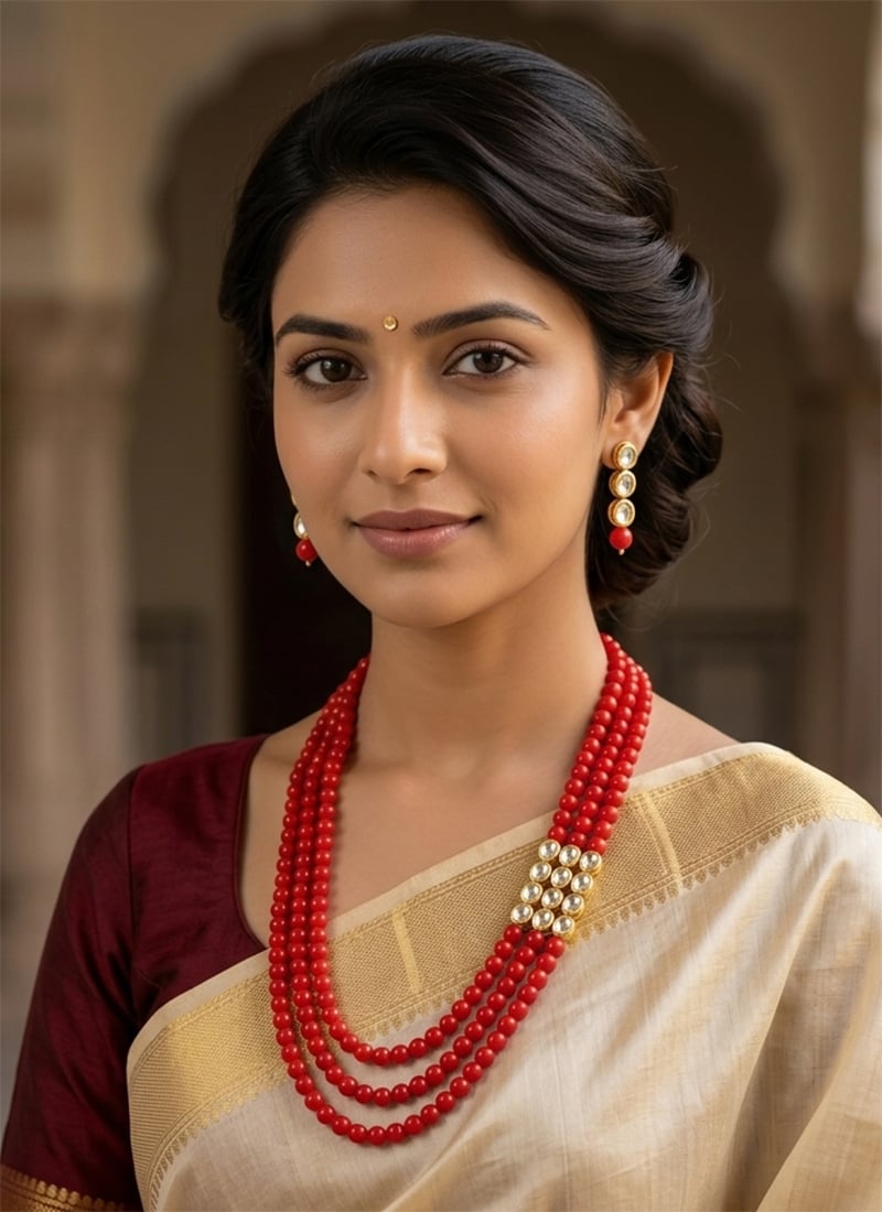 Traditional Red Beaded Kundan Necklace Set After Six Wear