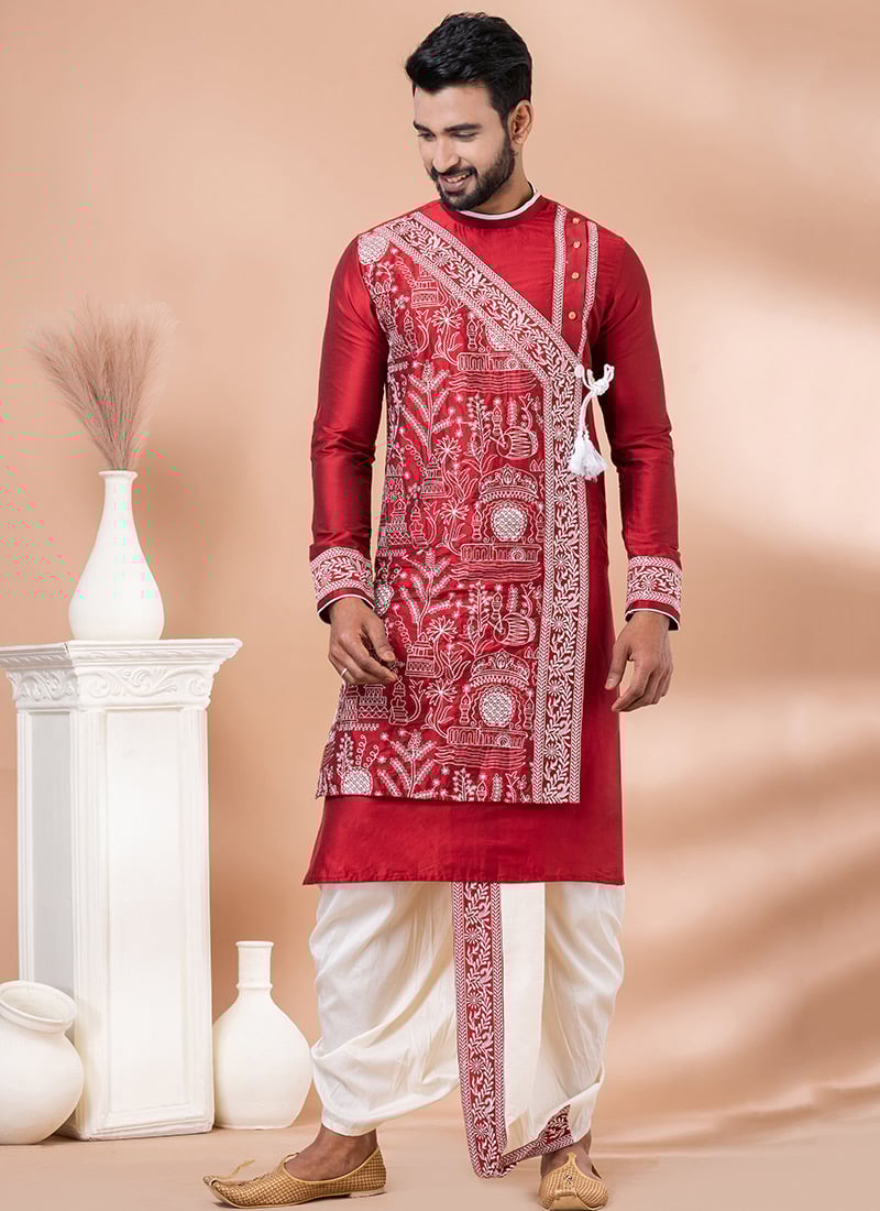 Traditional Red Viscose Kurta With Embroidered And Dhoti Style Pyjama Festive Wear