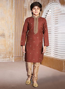 Traditional Rust Silk Embroidered Kids Boys Kurta Pyjama