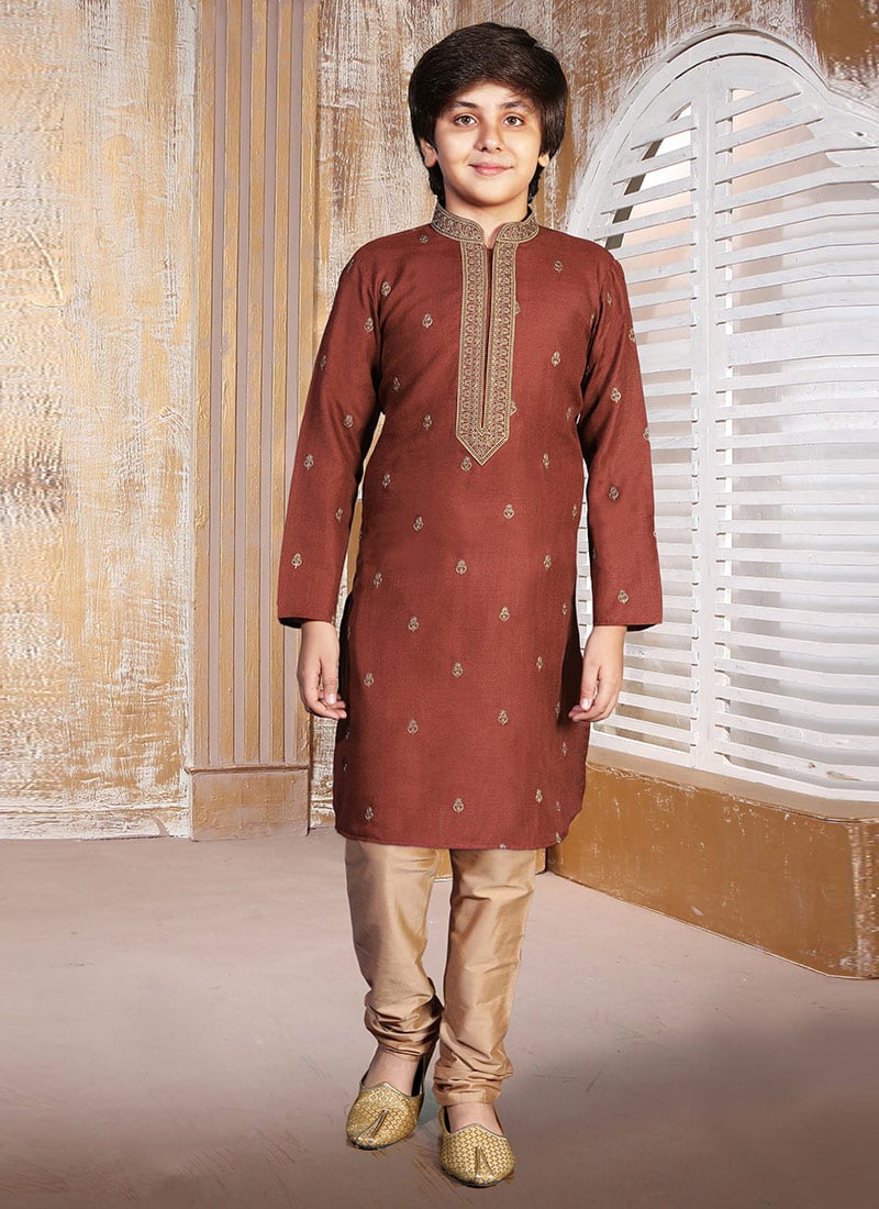 Traditional Rust Silk Embroidered Kids Boys Kurta Pyjama