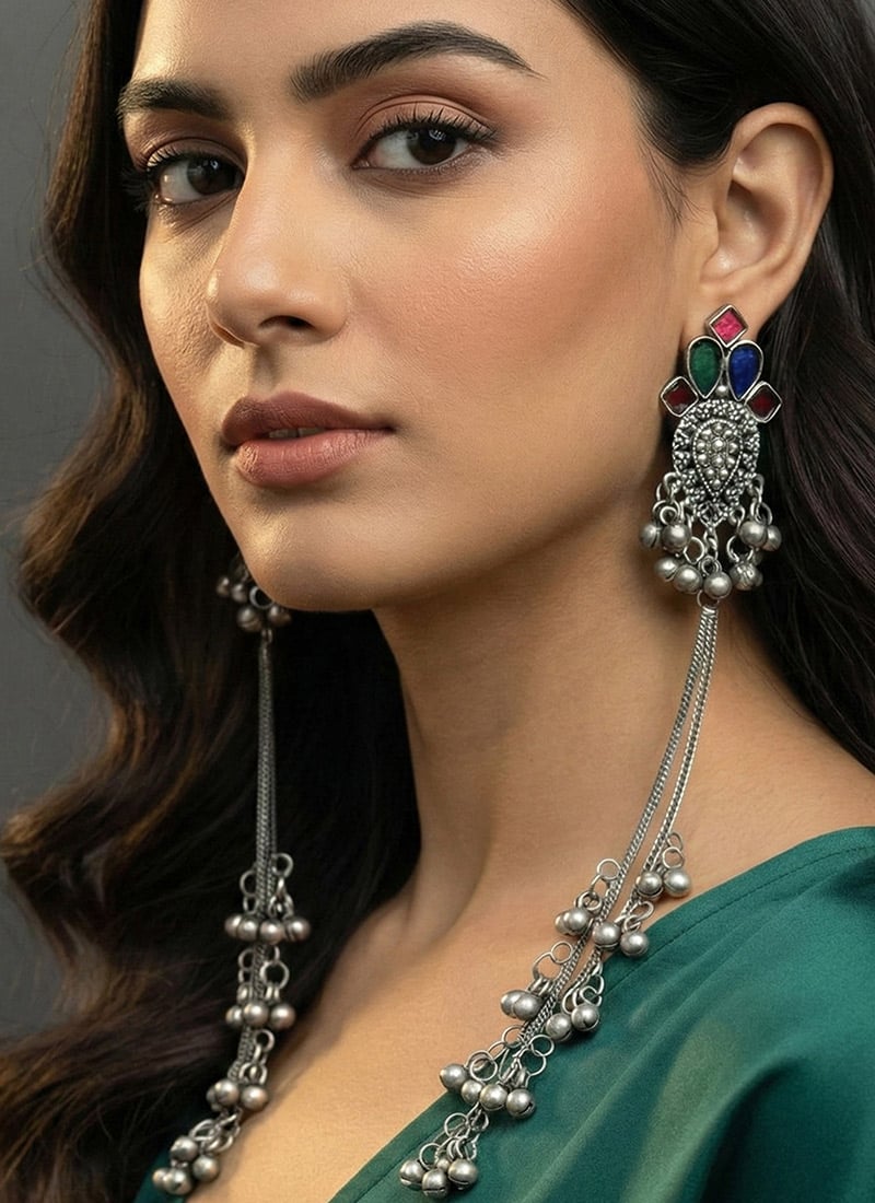 Traditional Silver Oxidised Kundan Danglers Festive Wear
