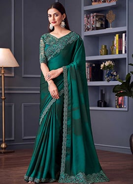 Traditional Touch Green Silk Embroidered Sequins Saree