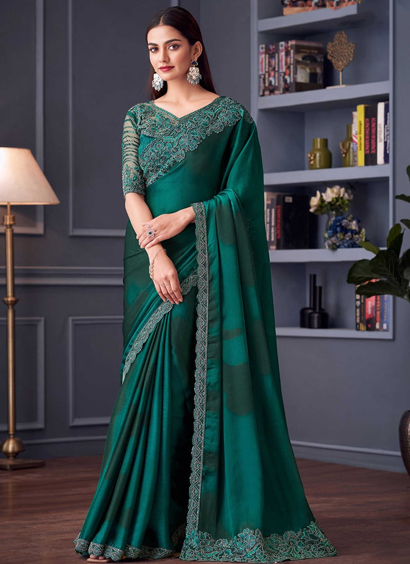 Traditional Touch Green Silk Embroidered Sequins Saree Wedding Wear