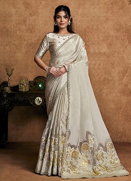 Traditional Tusser Uppada Silk Embroidered Stone Beads Sequins Zari Saree