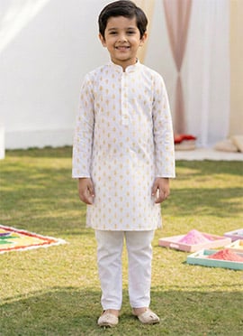 Traditional White Cotton Digital Print Kids Boys Kurta Pyjama