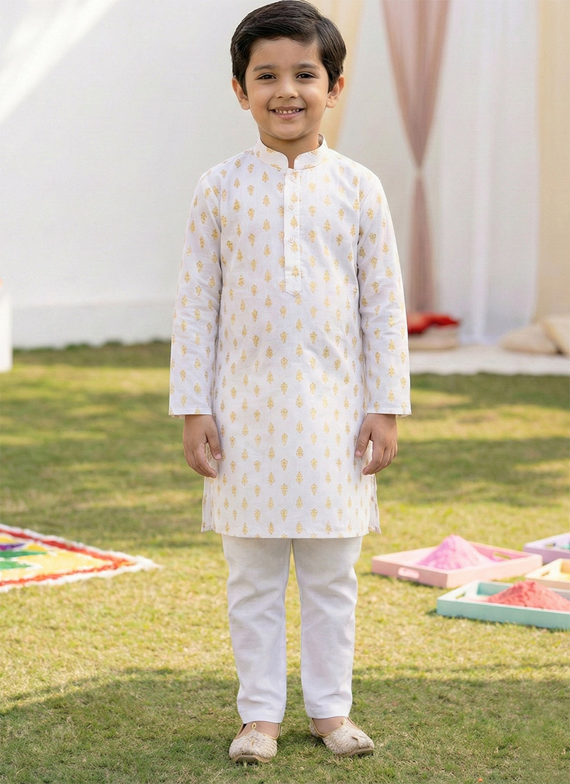 Traditional White Cotton Digital Print Kids Boys Kurta Pyjama Festive Wear