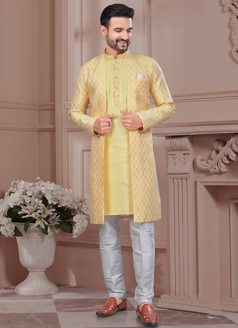 Traditional Yellow Jacquard Silk Indowestern Sherwani Wedding Wear-SHMSGR5846