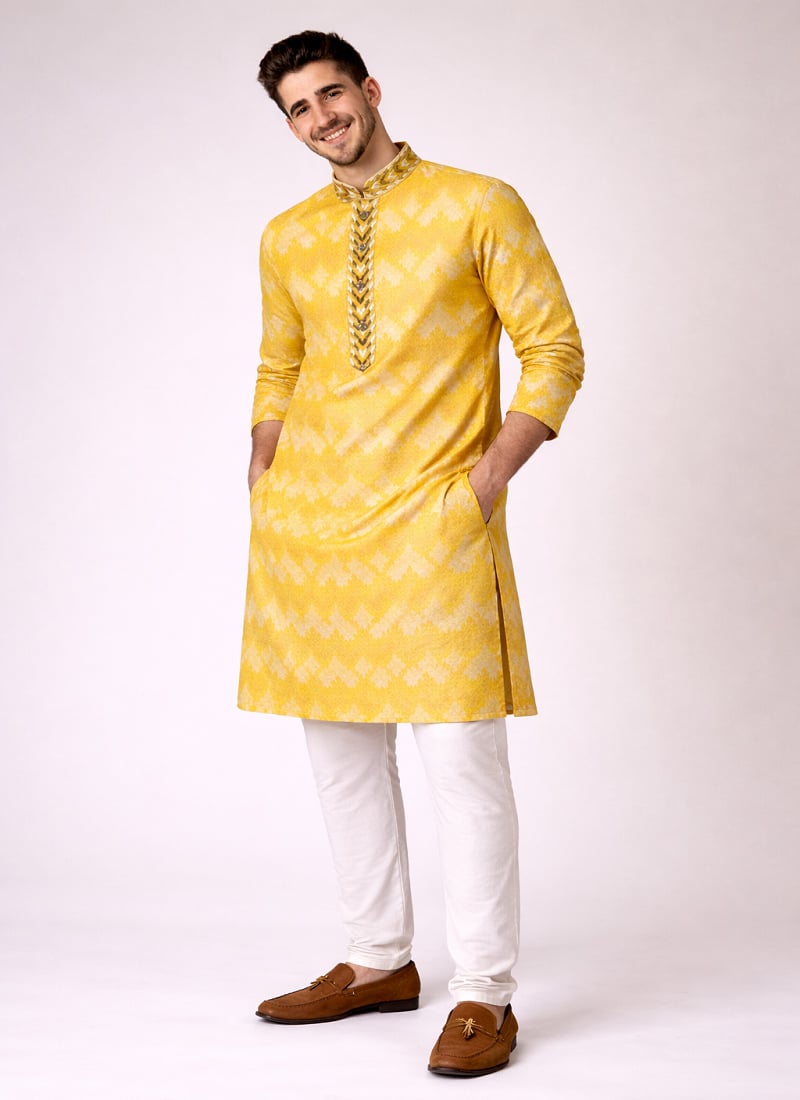 Traditional Yellow Jacquard Silk Jacquard Kurta Pyjama Festive Wear