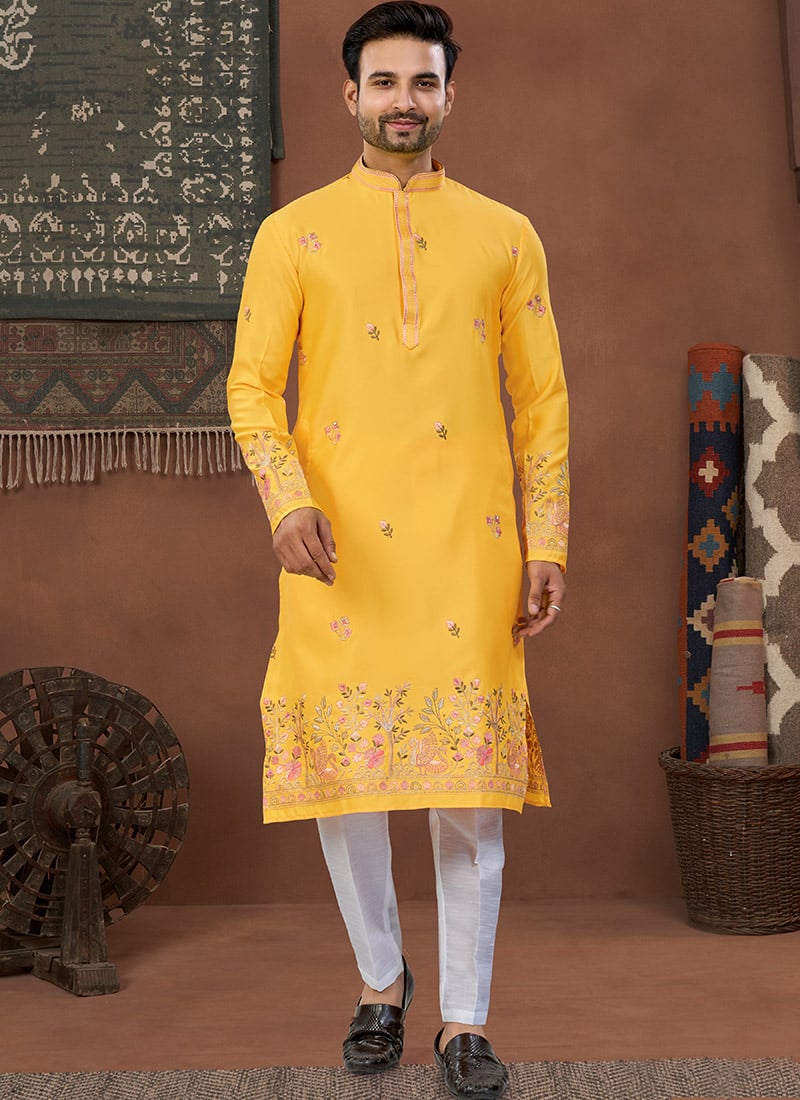 Traditional Yellow Malai Silk Embroidered Kurta Pyjama Festive Wear