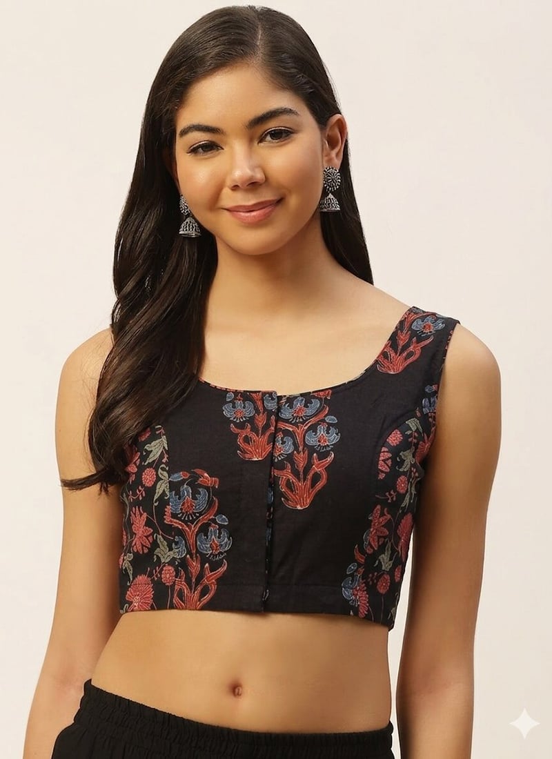 Trendy Black Cotton Printed Blouse After Six Wear